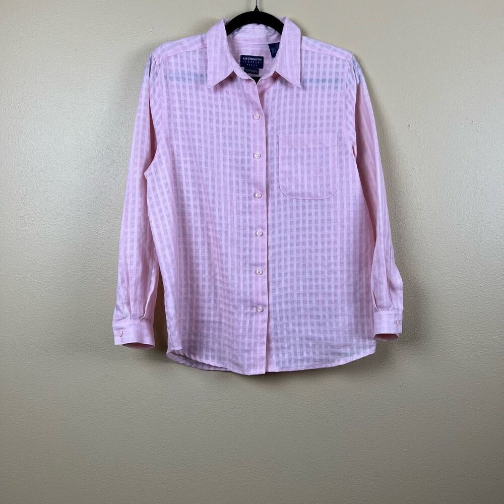 Liz Claiborne Blouse Button Down 100% Linen Long Sleeve Pink Oversized Size S